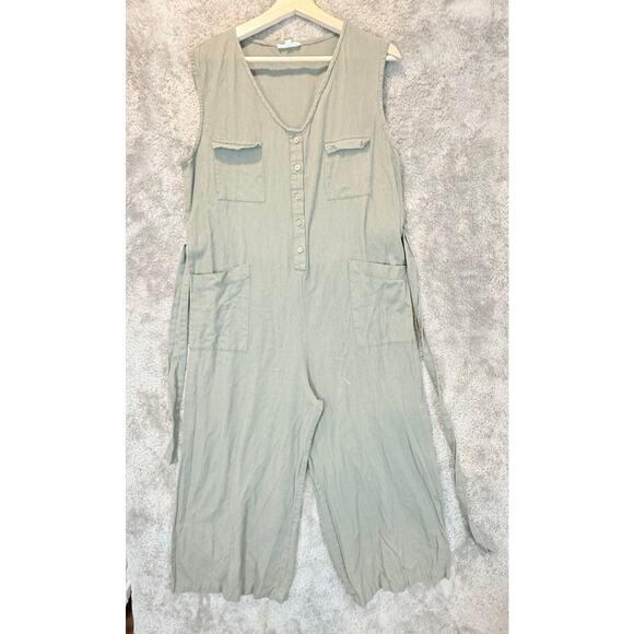 The Shanty Flax Linen Sage Green Jumpsuit Romer Tie Waist Utility L Large - Picture 5 of 11
